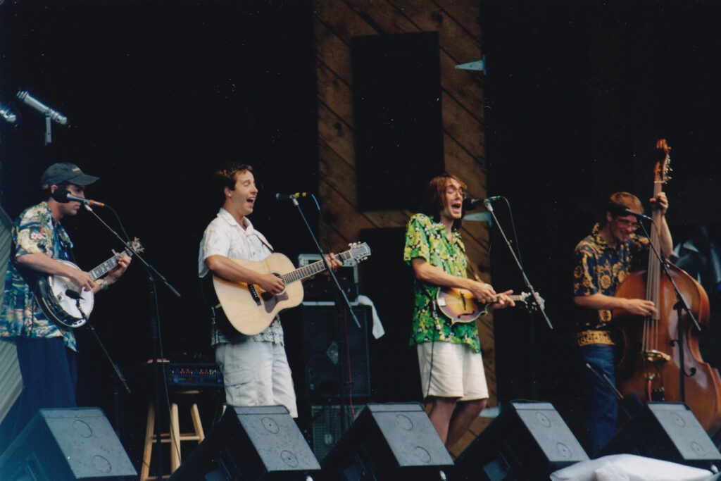 Yonder Mountain String Band play the Telluride bluegrass festival for the first time in 2001. (left to right) Dave Johnston, Adam Aijala, Jeff Austin, Ben Kaufmann. Photo courtesy of Adam Aijala.