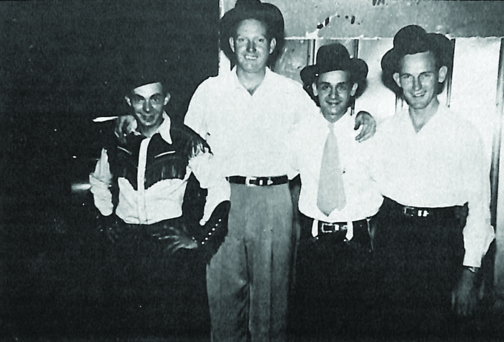 Merle Wesley, Red Smiley, Toby Stroud, and Don Reno at Edinburg, Virginia, 1951.  Photo Courtesy of Toby Stroud, Bluegrass Unlimited Archives.