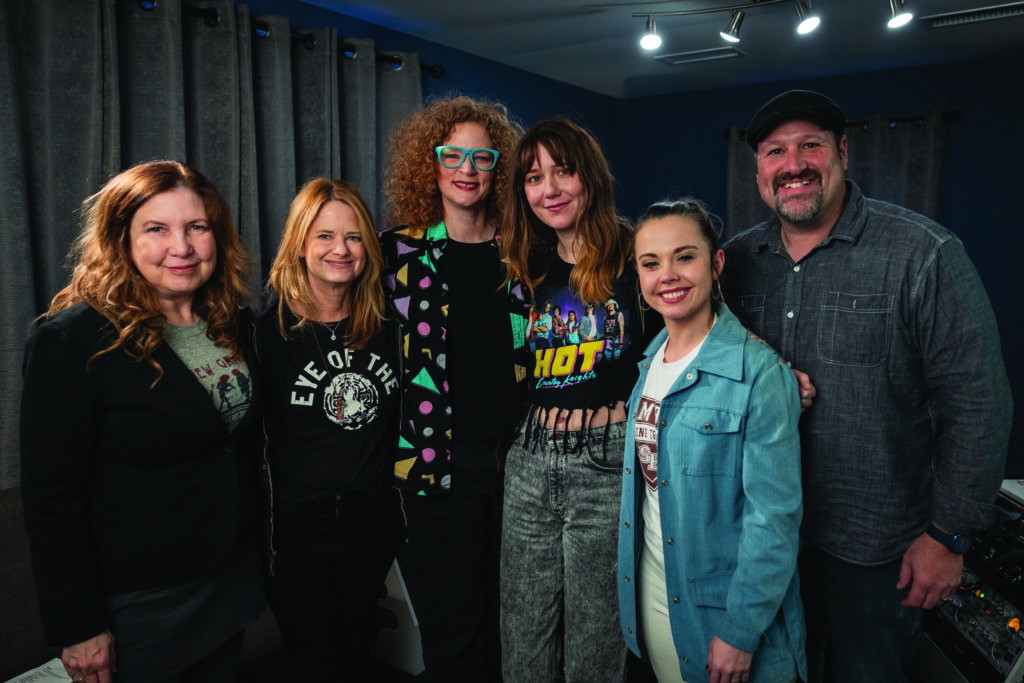 Missy Raines, Alison Brown, Becky Buller, Molly Tuttle, Sierra Hull, and producer Stephen Mougin. This group recorded the song “Reach.” // Photo by Madison Thorn
