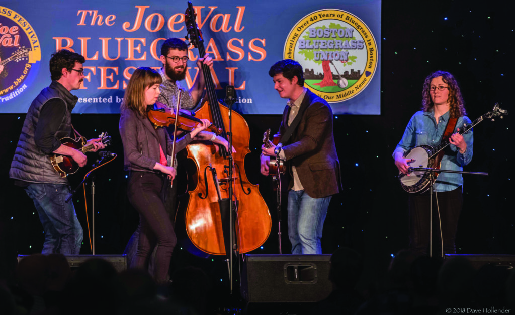 Twelve Mile performs at the Joe Val Festival in 2018. Twelve Mile is a band that formed in Boston (left to right): David Benedict, Bronwyn Keith-Hynes, Nate Sabat, Evan Murphy and BB Bowness. // Photo by Dave Hollender