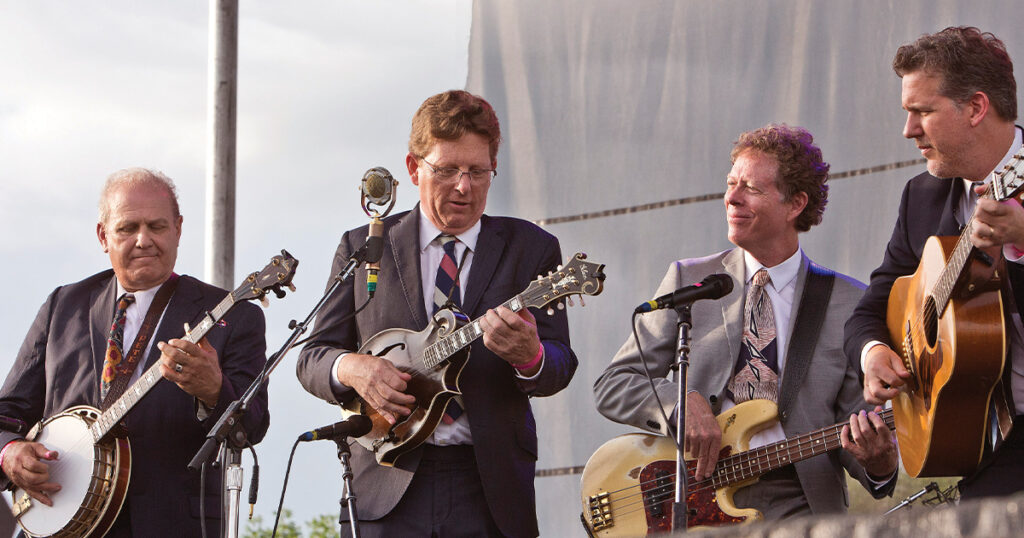 (upper): Hot Rize at the Grey Fox Festival in New York, 2015 (left to right) Pete Wernick, Tim O’Brien, Nick Forster and Bryan Sutton. Photo by Darwin Davidson