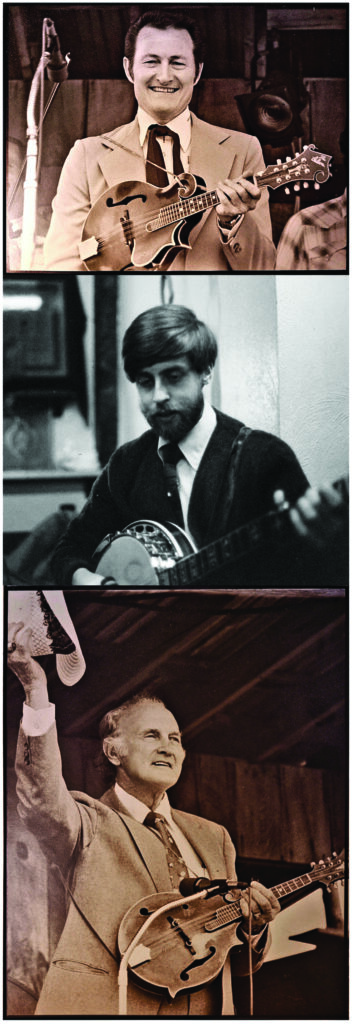 Marshall Freedland, a Philadelphia native and early bluegrass proponent in Vermont, pictured alongside his photographs of mandolin legends Jesse McReynolds (top) and Bill Monroe (bottom). Freedland’s photos of McReynolds and Monroe were taken in 1980 at an undisclosed festival and are shared courtesy of Mark Greenberg. The photo of Freedland, dating back to the late 1960s or early 1970s, is provided courtesy of his brother, Richard Freedland.