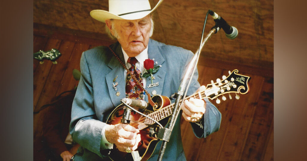 Bill Monroe performing at Bean Blossom, Indiana in June 1995.  // Photo by John Wegrzyn, Bluegrass Music Hall of Fame & Museum collection.