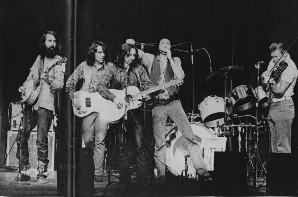 The Nitty Gritty Dirt Band on tour 1973 with special guest Vassar Clements. (Left to Right) John McEuen, Jimmy Ibbotson, Jeff Hanna, Jimmie Fadden and Vassar Clements. // Photo by Kerwin Plevka