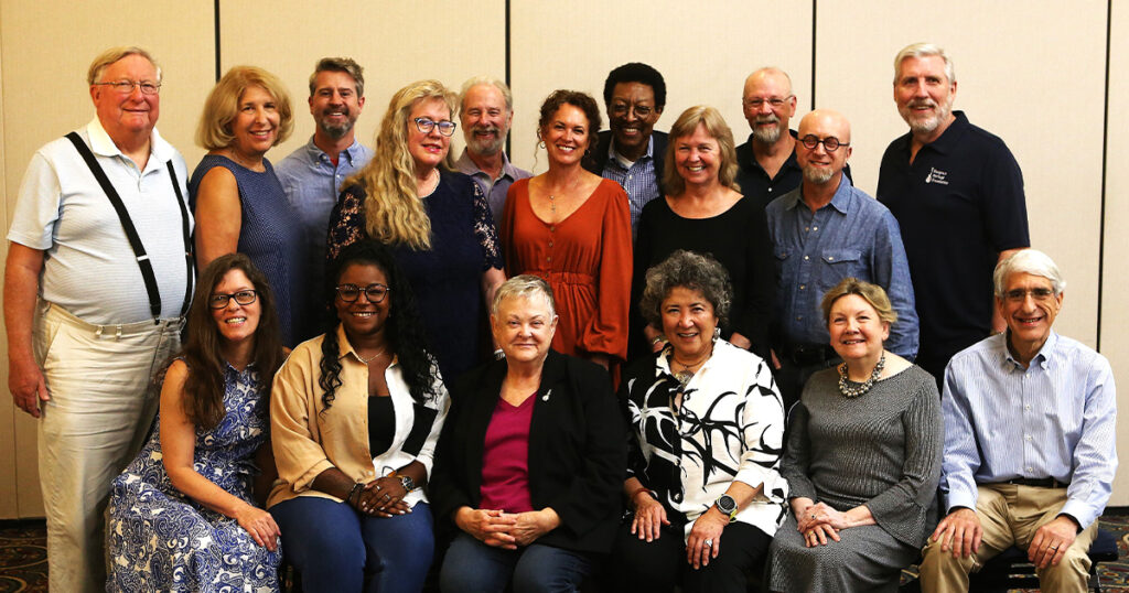 The IBMA Foundation Board of Directors (September 2025). Front row, L-R: Kissy Black, Lillian Werbin, Katy Daley, Trisha Tubbs, Susan Newberry, Peter Salovey Second row, L-R: Michael Hall, Laurie Greenberg, Matt Royles, Nancy Cardwell (executive director), Sam Blumenthal, Mona Salyer, Dr. Richard Brown, Wendy Tyner, John Young, Mark Schuster, Alan Tompkins. Not pictured: Ken White. // Photo by Darwin Davidson