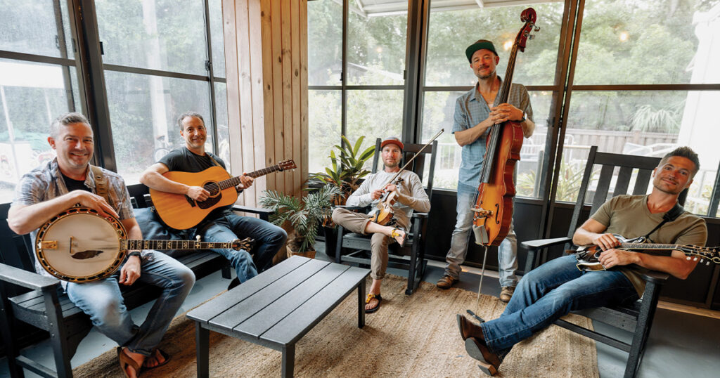 Yonder Mountain String Band (left to right) Dave Johnston, Adam Aijala, Coleman Smith, Ben Kaufman, Nick Piccinni. // Photo by Tara Gracer